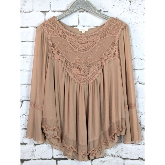 ULTRA PINK Lace Mesh Layered Tunic Bell Sleeve Boho Hippie Peasant Stretch Large - Picture 1 of 9